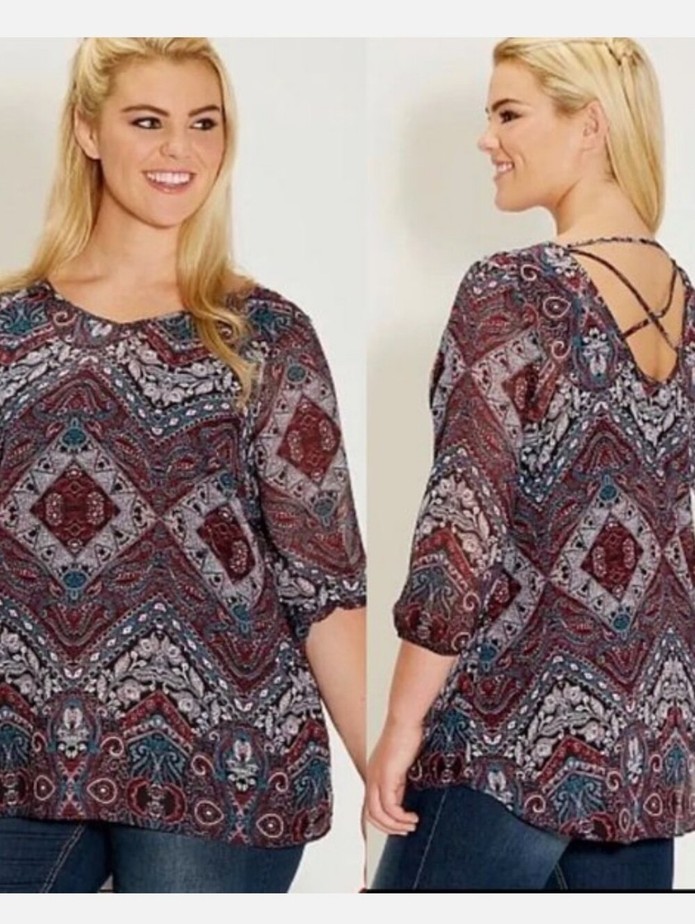 Maurices Sheer Paisley Crisscross Latice Back Tunic Blouse - Burgundy, Blue Top